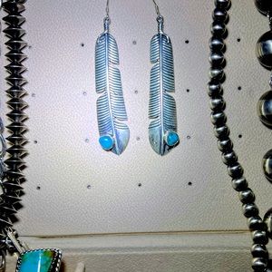 COPY - Southwestern Sterling turquoise, feather, dangle, earrings